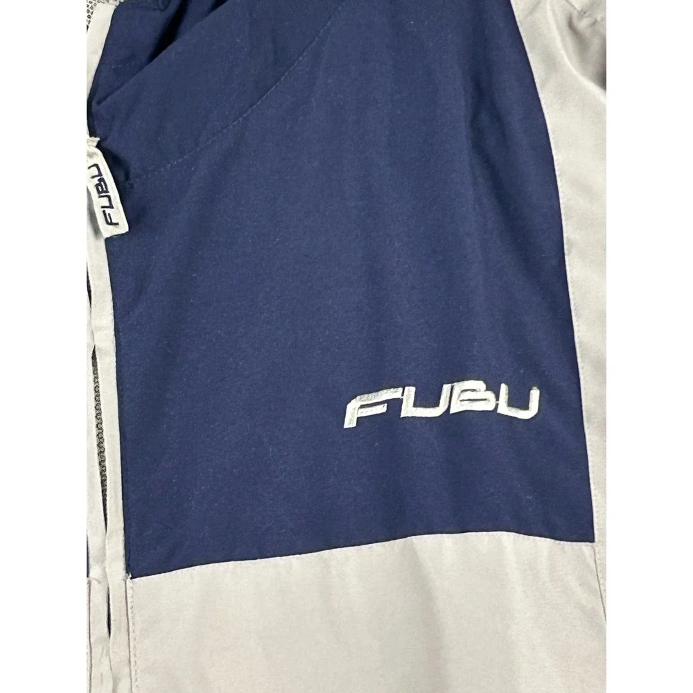 Vintage FUBU Windbreaker Jacket Mens Medium Grey Navy Blue Colorblock Full Zip
